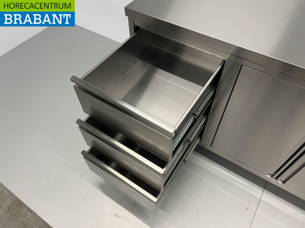 Stainless Steel Work Cupboard Cabinet Work Table 2 folding doors and 3 drawers and waste bin 180 cm Catering - Image 4