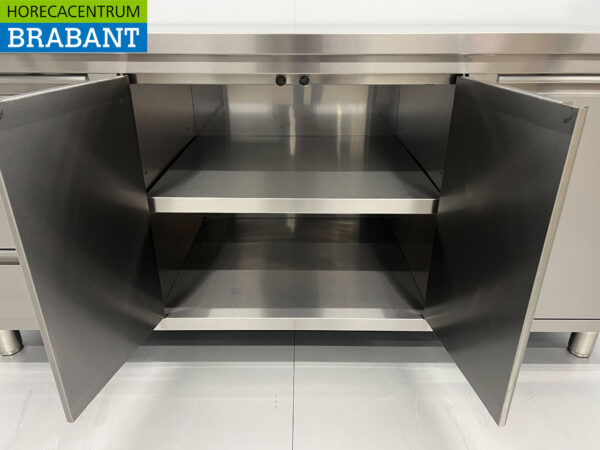 Stainless Steel Work Cupboard Cabinet Work Table 2 folding doors and 3 drawers and waste bin 180 cm Catering - Image 5