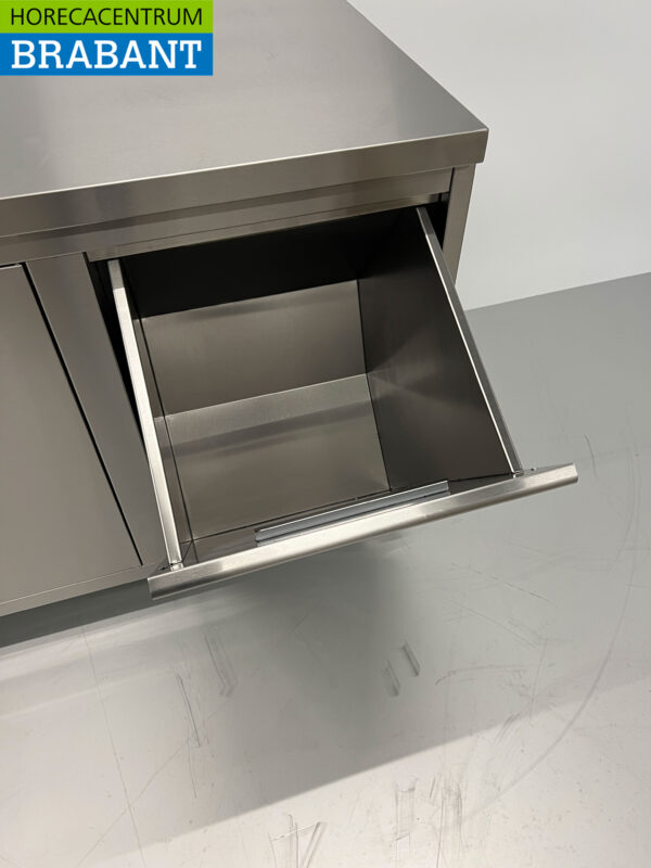 Stainless Steel Work Cupboard Cabinet Work Table 2 folding doors and 3 drawers and waste bin 180 cm Catering - Image 6