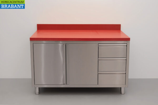 HCB Stainless Polyethylene PE Work Cabinet Cabinet Cutting Table 2 folding doors 3 drawers 140 cm Catering Butchery