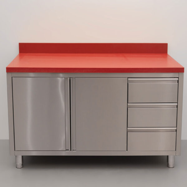 HCB Stainless Polyethylene PE Work Cabinet Cabinet Cutting Table 2 folding doors 3 drawers 140 cm Catering Butchery
