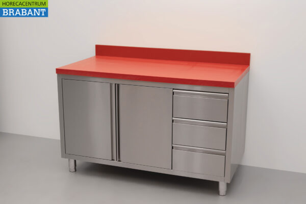 HCB Stainless Polyethylene PE Work Cabinet Cabinet Cutting Table 2 folding doors 3 drawers 140 cm Catering Butchery - Image 2