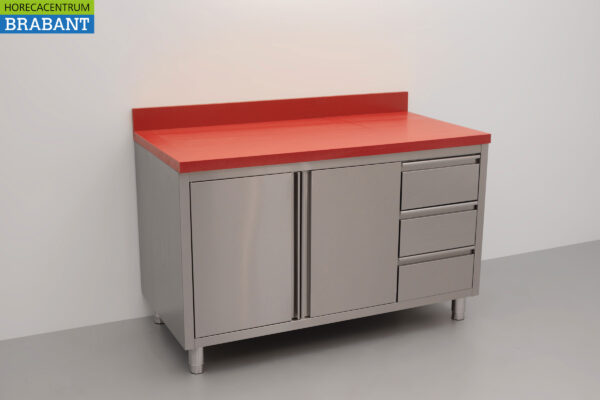 HCB Stainless Polyethylene PE Work Cabinet Cabinet Cutting Table 2 folding doors 3 drawers 140 cm Catering Butchery - Image 3