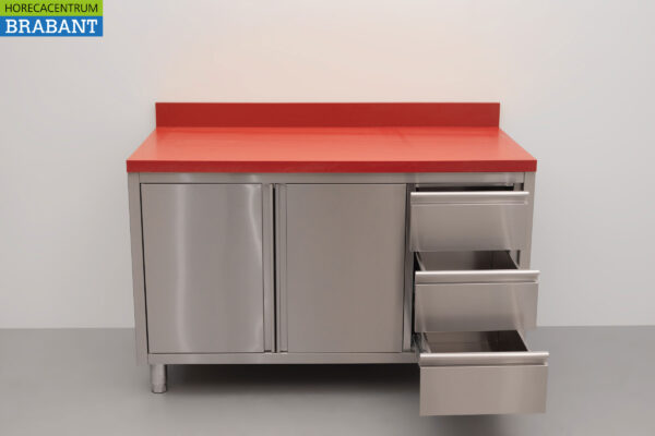 HCB Stainless Polyethylene PE Work Cabinet Cabinet Cutting Table 2 folding doors 3 drawers 140 cm Catering Butchery - Image 4