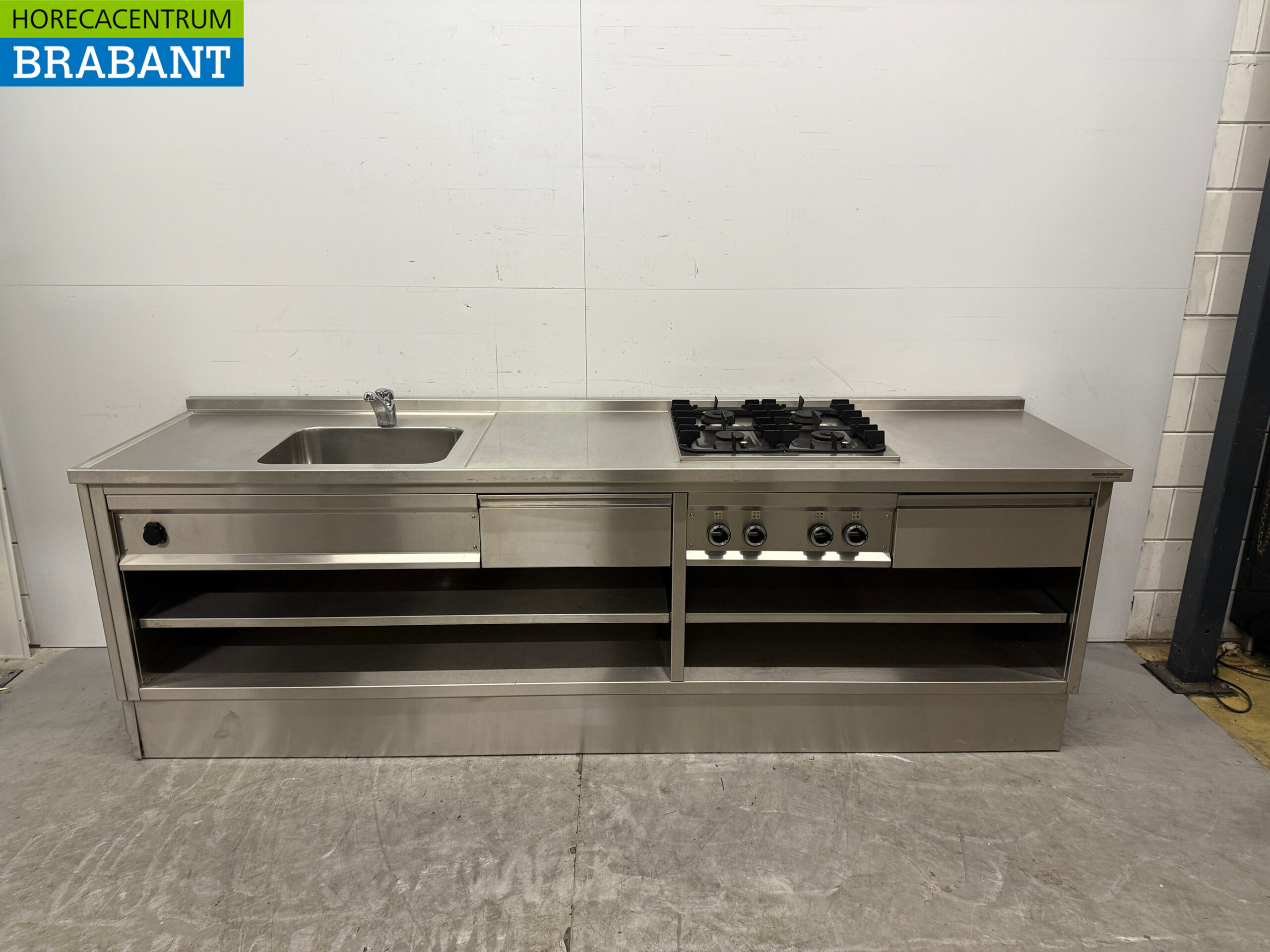 Stainless steel Worktable with stove and sink 280 cm Catering