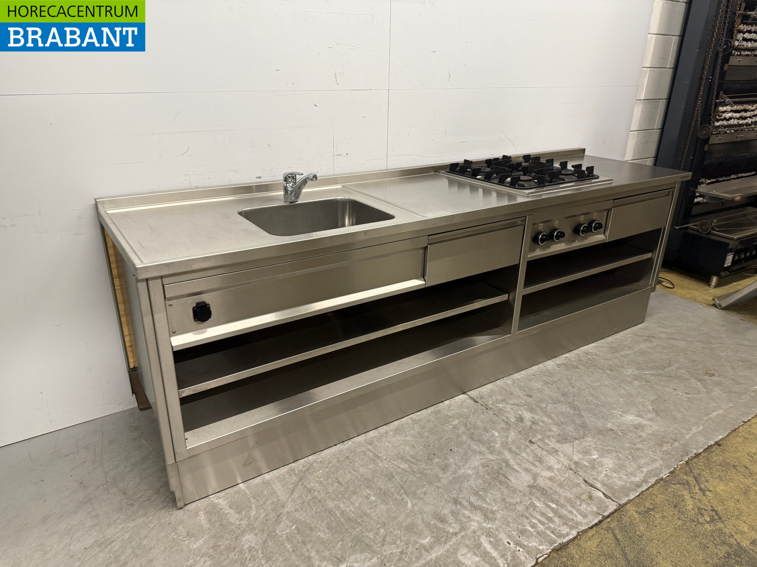 Stainless steel Worktable with stove and sink 280 cm Catering - Image 2