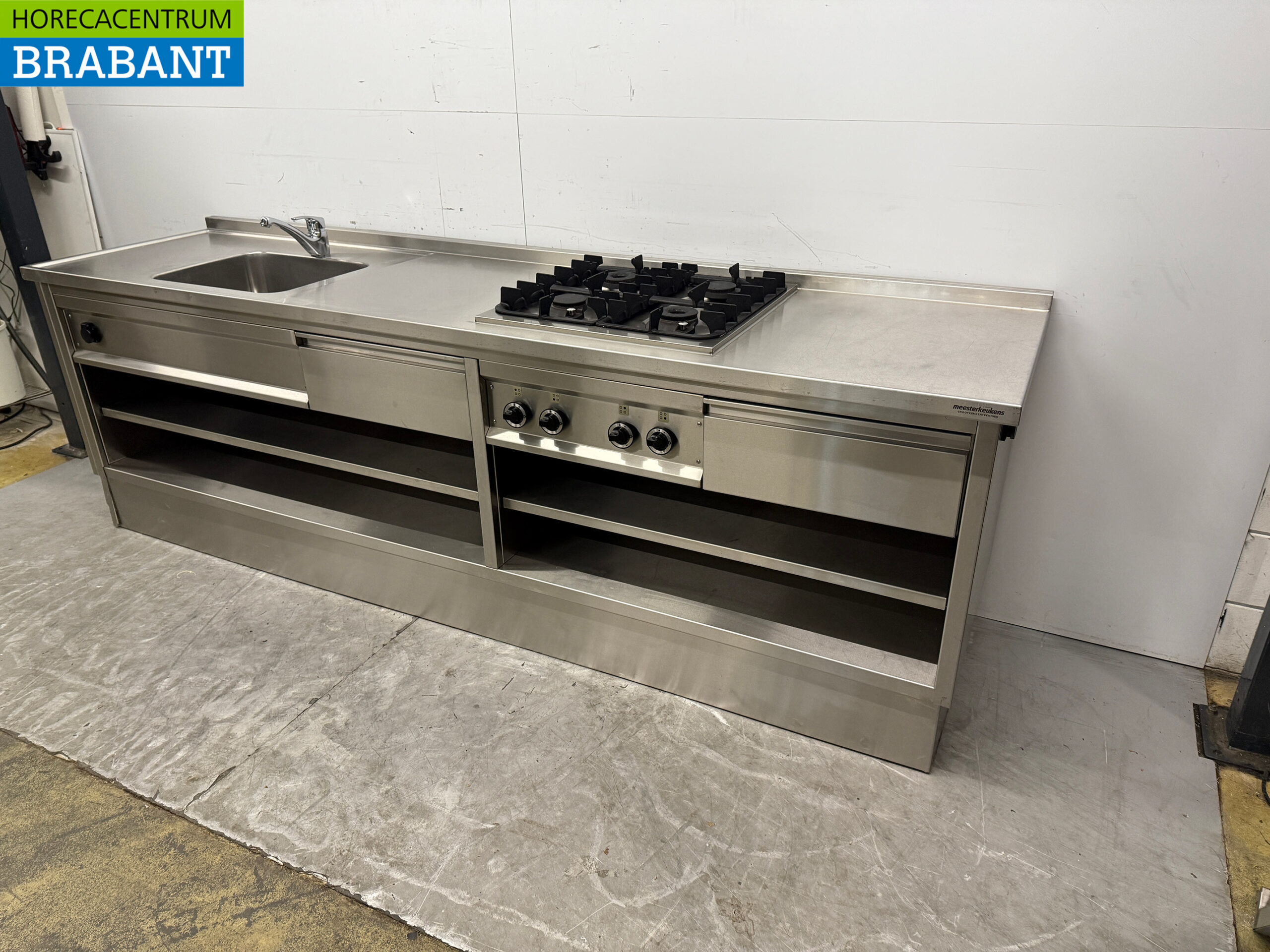 Stainless steel Worktable with stove and sink 280 cm Catering - Image 3