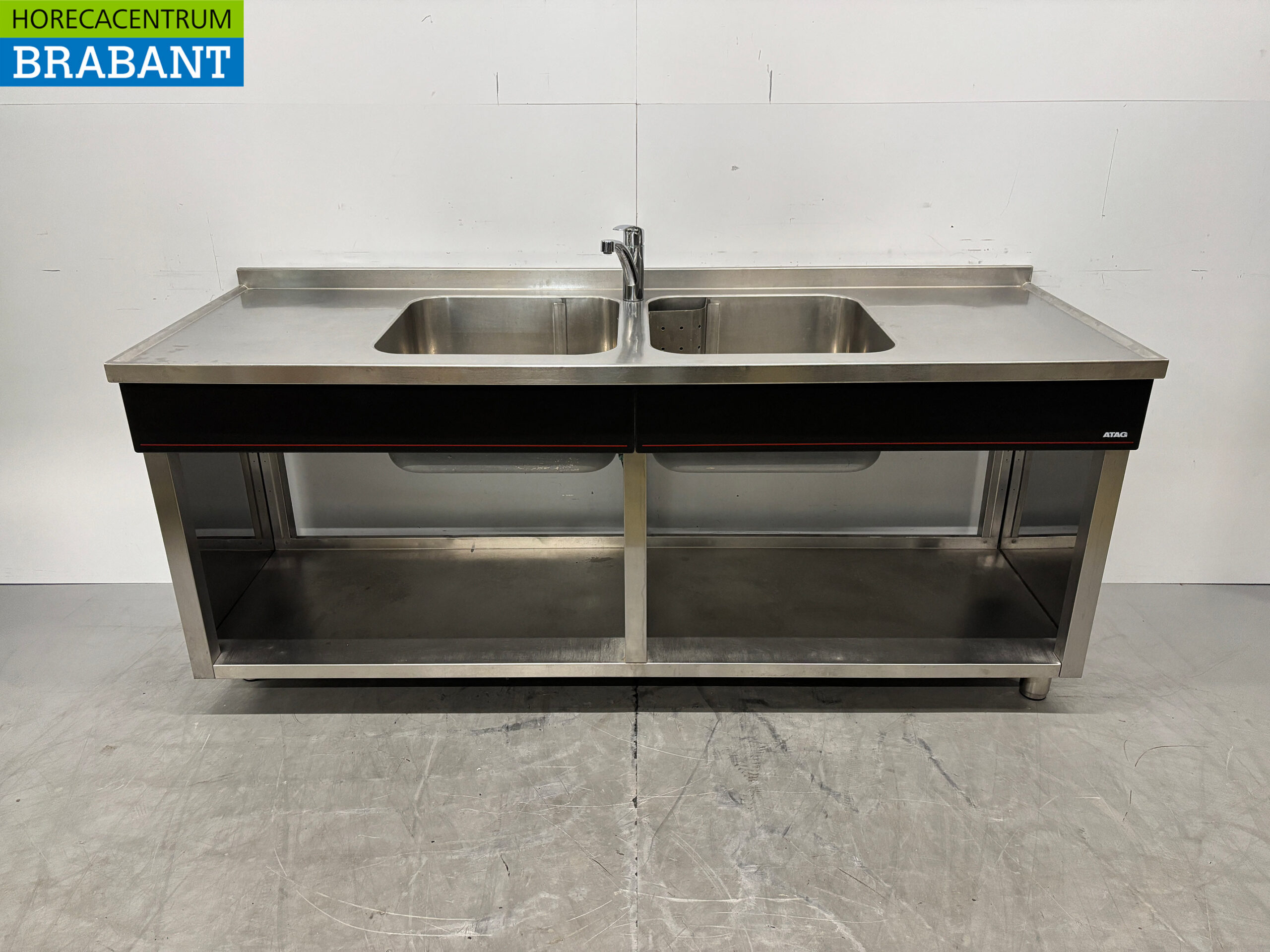 Stainless Steel Sink with Double Basin and Faucet, 200 x 70 x 88 cm, Food Service