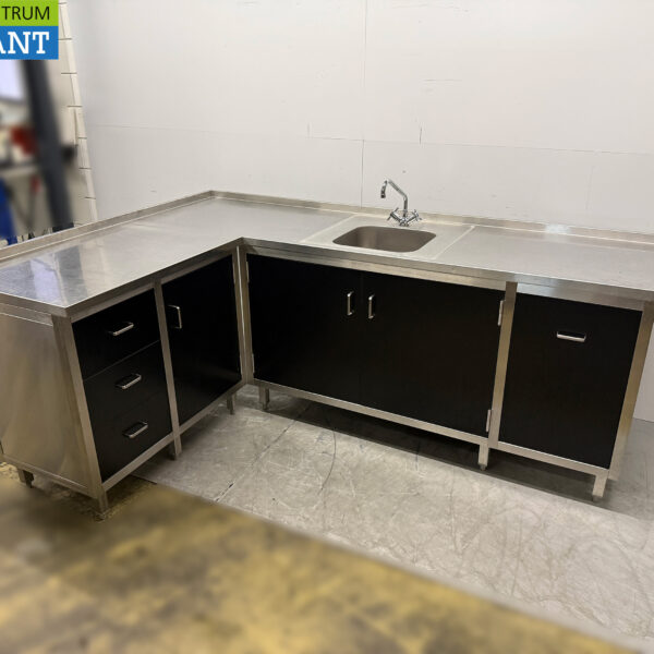 Stainless Steel Sink with Hinged Doors and Drawers, 245 x 170 x 95 cm, Food Service