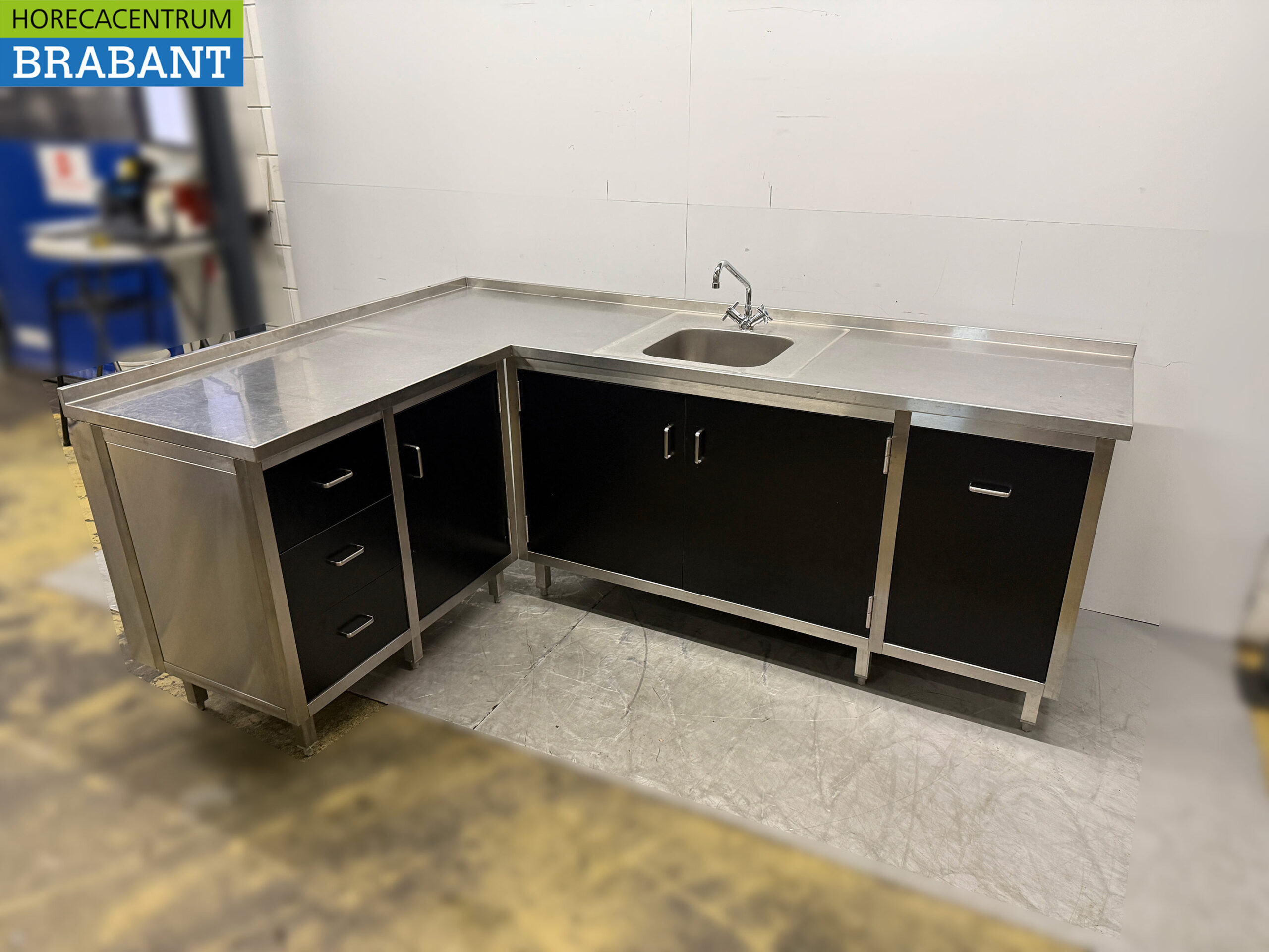 Stainless Steel Sink with Hinged Doors and Drawers, 245 x 170 x 95 cm, Food Service