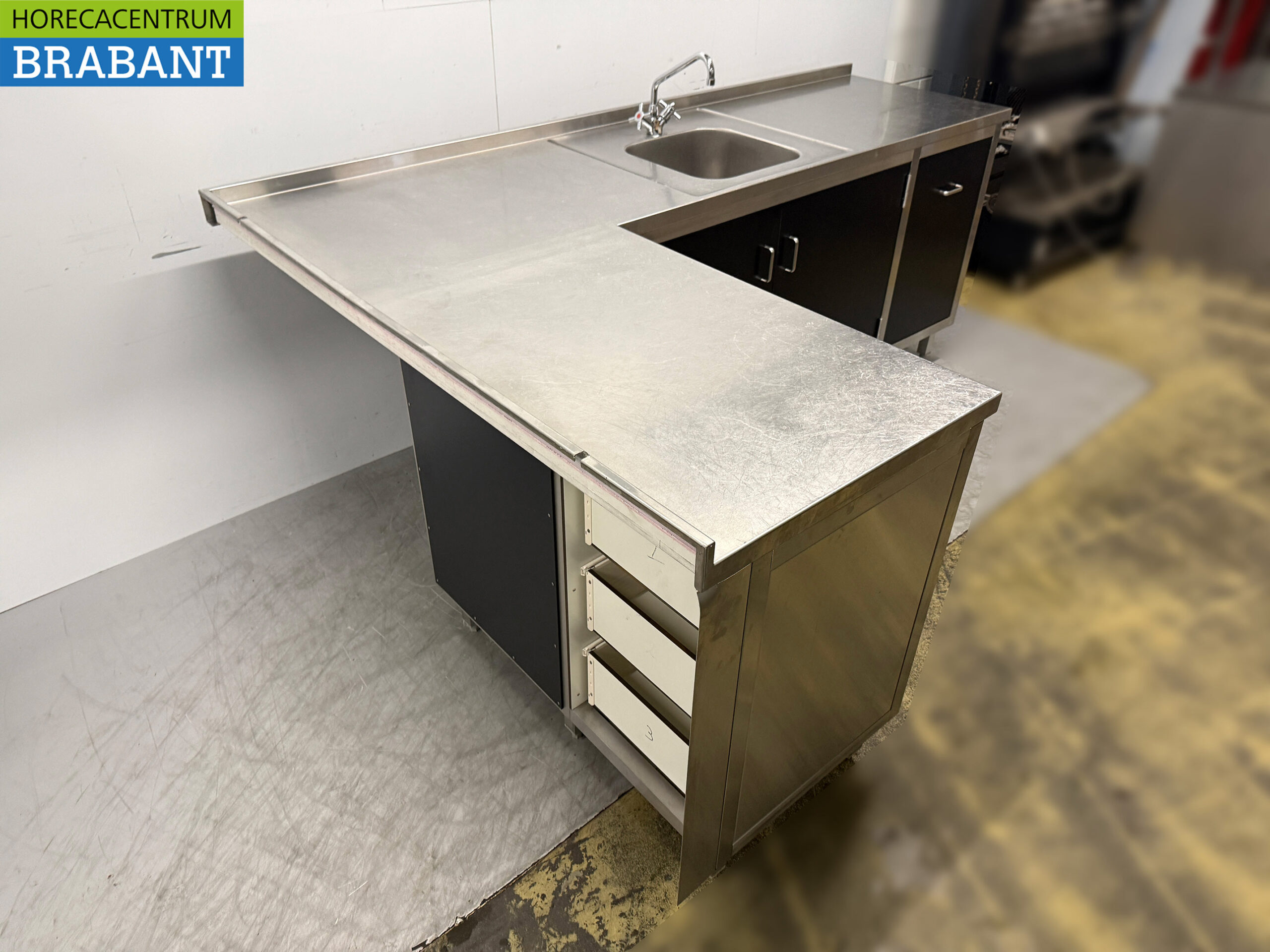 Stainless Steel Sink with Hinged Doors and Drawers, 245 x 170 x 95 cm, Food Service - Image 3