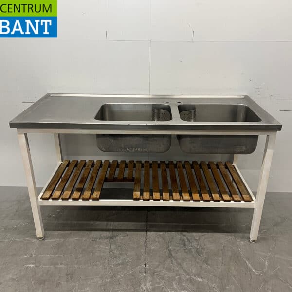 Stainless Steel Sink with Two Basins and Base Cabinet, 160 cm, Commercial Use